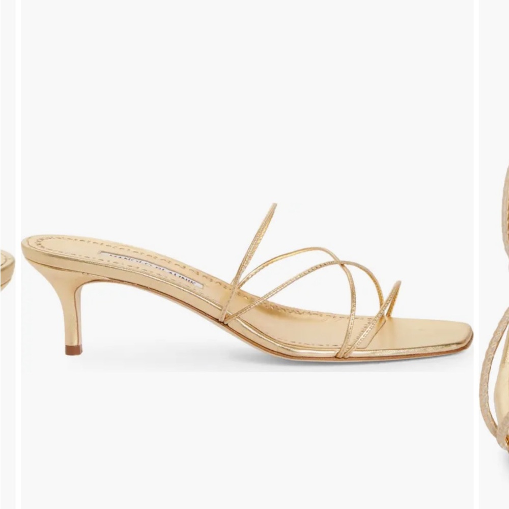 Manolo Blahnik Metallic Gold Strappy Kitten Heel Sandals - Picture 3 of 12